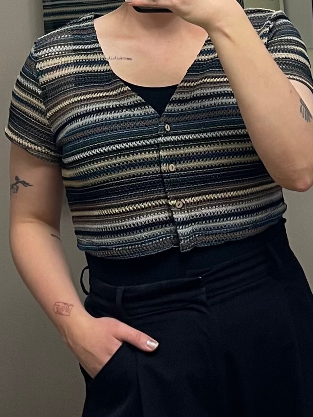 SHEIN Striped Knit Button-Up Top in Blue, Cream & Brown